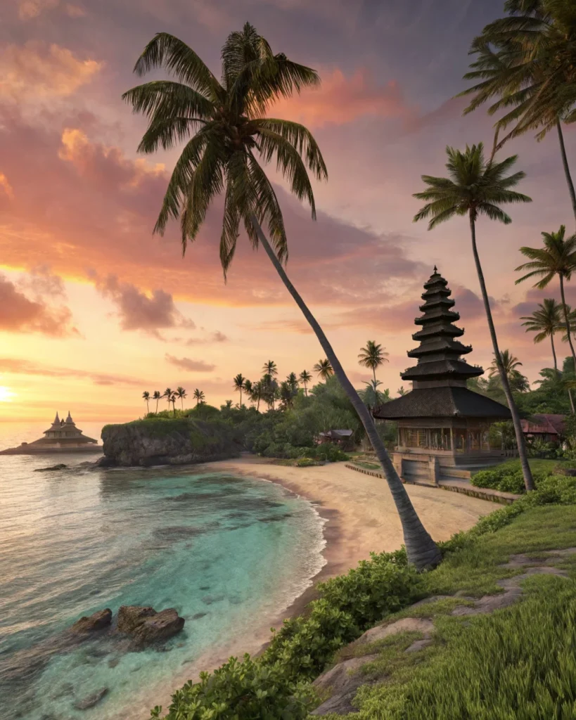 Indonesian beach scene with palm trees and temple backdrop