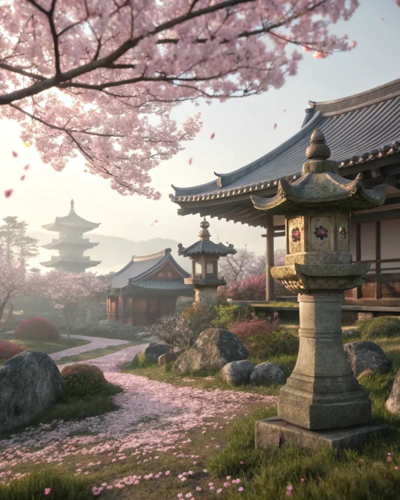 Japanese garden with cherry blossoms and traditional temples