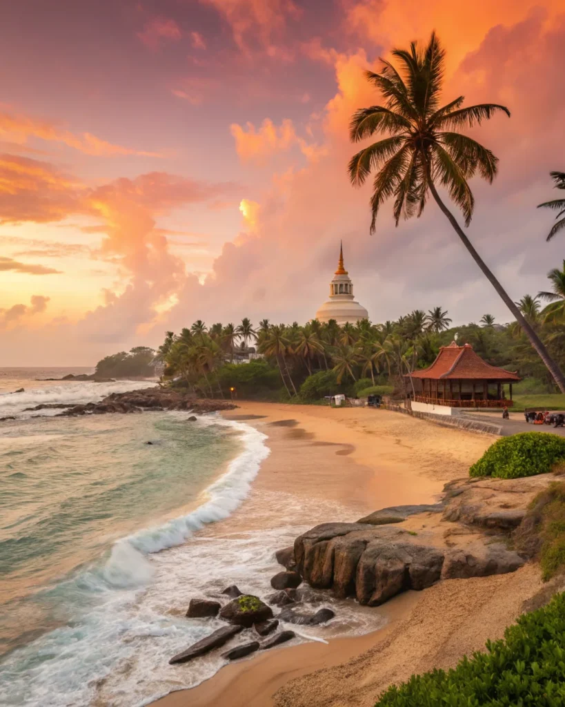 Sri Lankan beach scene with palm trees and temple backdrop