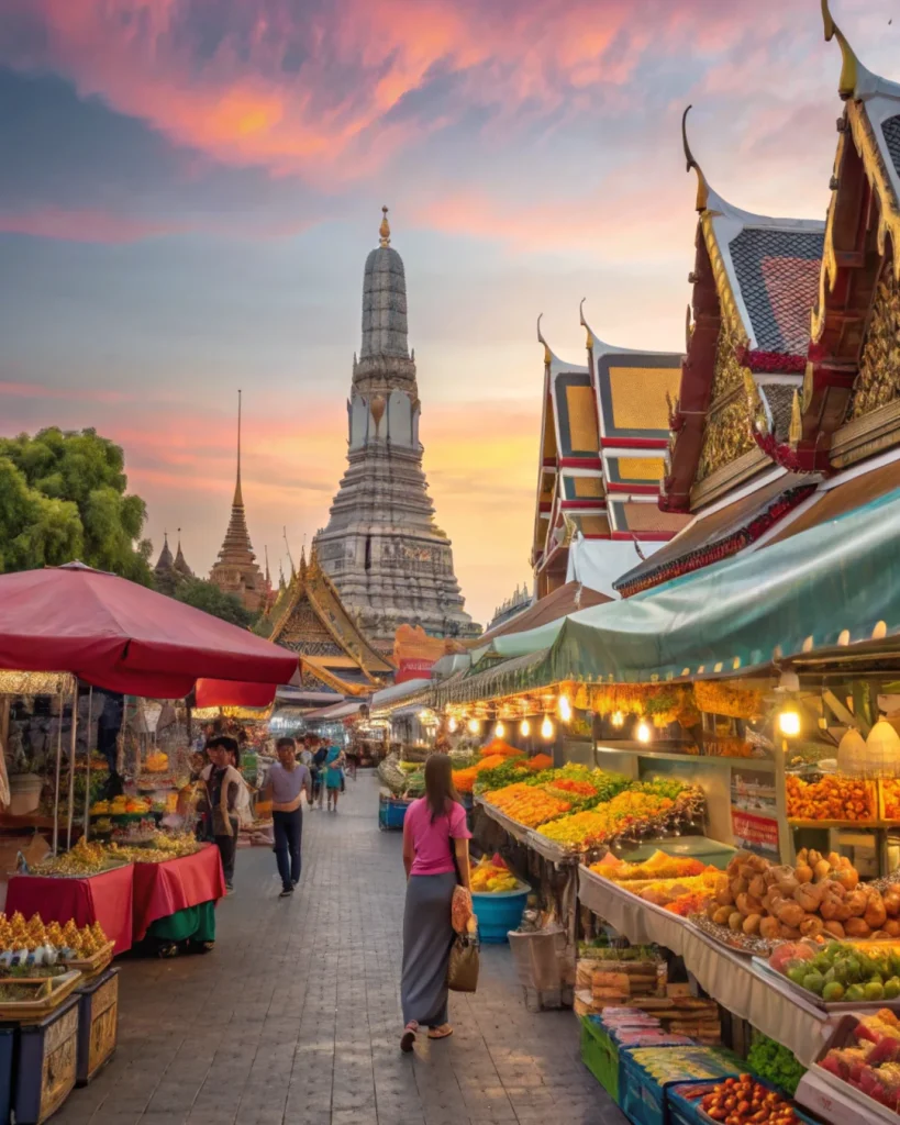 Thai market scene with colorful stalls and temple backdrop