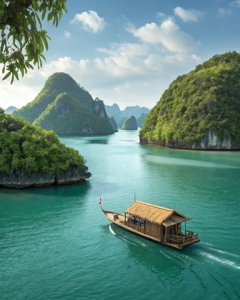 Vietnamese boat sailing through Ha Long Bay