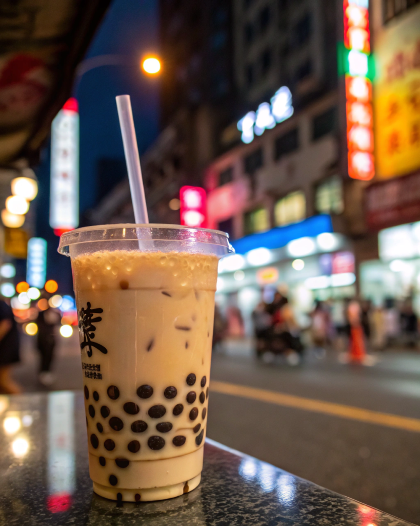 Taiwanese bubble tea with tapioca pearls in a clear cup, set against a vibrant night market backdrop.