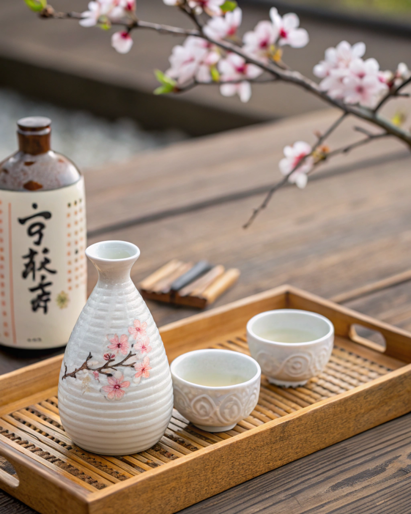 A traditional Japanese sake set with a ceramic flask and cups, accompanied by cherry blossoms.