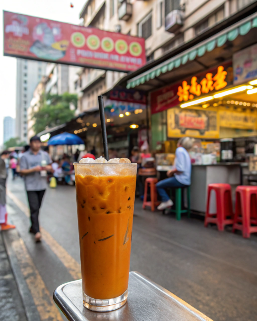 A tall glass of orange Thai iced tea with ice and milk swirls, set in a Bangkok street market.