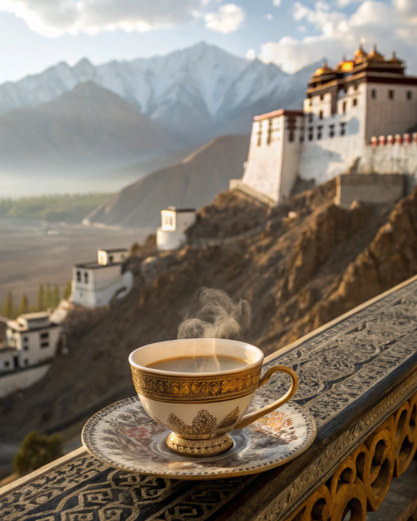 A cup of yak butter tea in an ornate cup, with the Himalayas in the background.