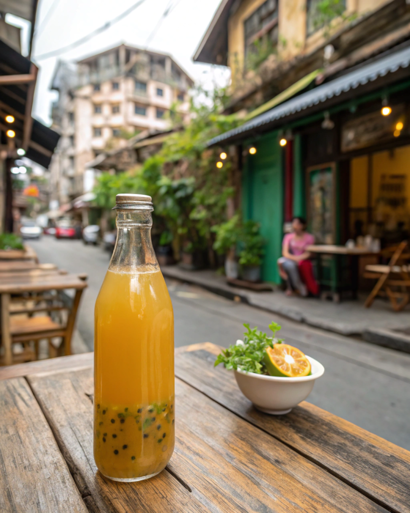 A bottle of passionfruit and lemongrass kombucha on a wooden table in a Vietnamese café.