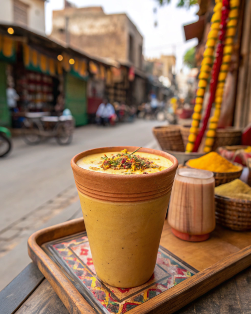 A tall clay cup of mango lassi with saffron and pistachios, set in a Jaipur street market.