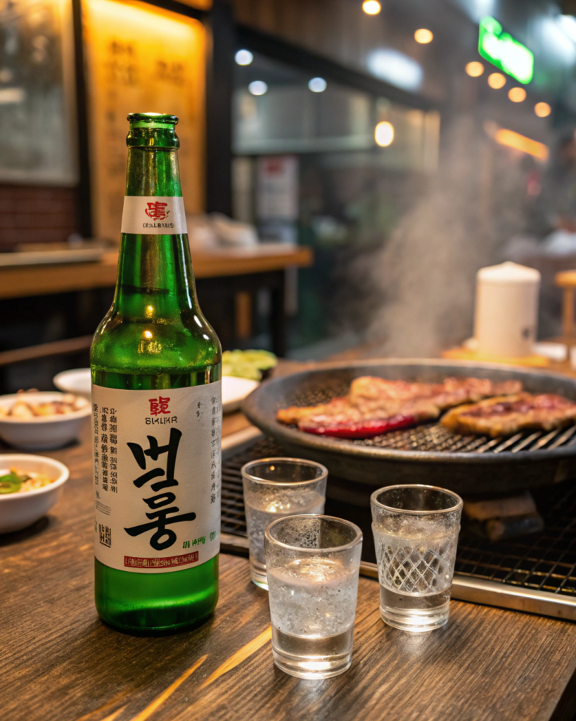 A green bottle of Korean soju with shot glasses, set in a vibrant Korean BBQ restaurant.